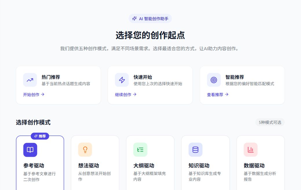 笔映 AI 网站实际界面:选择创作起点